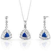 Filigree Design 1.50 carats Trillion Cut Sterling Silver Sapphire Pendant Earrings Set 
