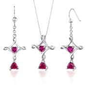 Cross Design 2.50 carats Trillion Heart Cut Sterling Silver Ruby Pendant Earrings Set 