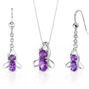 Bee Design 2.50 carats Oval Round Cut Sterling Silver Amethyst Pendant Earrings Set 