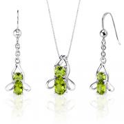 Bee Design 2.75 carats Oval Round Cut Sterling Silver Peridot Pendant Earrings Set 