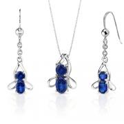 Bee Design 3.50 carats Oval Round Cut Sterling Silver Sapphire Pendant Earrings Set 