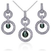 Modern and Chic: Sterling Silver Cascading Circles with CZ Diamond and Grey Cultured Pearl Pendant Necklace and Earring Set
