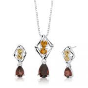 4.00 cts Pear Garnet Round Citrine Pendant Earrings in Sterling Silver 