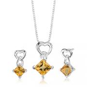 2.50 cts Princess Cut Citrine Pendant Earrings in Sterling Silver 