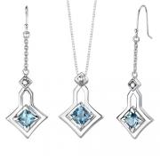 4.50 carats Princess Cut Swiss Blue Topaz Pendant Earrings Set in Sterling Silver
