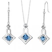 4.50 carats Princess Cut London Blue Topaz Pendant Earrings Set in Sterling Silver