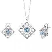 3.50 carats Princess Cut Swiss blue Topaz Pendant Earrings Set in Sterling Silver