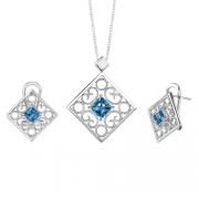 3.50 carats Princess Cut London blue Topaz Pendant Earrings Set in Sterling Silver