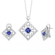 Princess Cut Sapphire Pendant Earrings Set in Sterling Silver