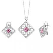 Princess Cut Pink Cubic Zirconia Pendant Earrings Set in Sterling Silver