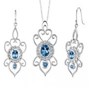 5.00 carats Oval & Round Shape London Blue Topaz Pendant Earrings Set in Sterling Silver