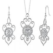 Oval & Round Shape White Cubic Zirconia Pendant Earrings Set in Sterling Silver