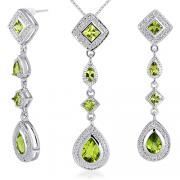 Unique Style 4.50 carats Princess Checkerboard Cut Peridot Pendant Earrings Set in Sterling Silver