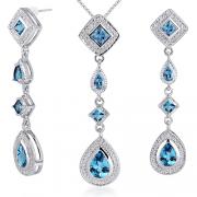 Unique Style 6.00 carats Princess Checkerboard Cut London Blue Topaz Pendant Earrings Set in Sterling Silver