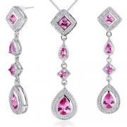 Unique Style Princess Checkerboard Cut Created Pink Sapphire Pendant Earrings Set in Sterling Silver