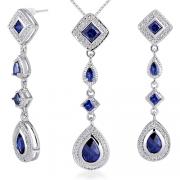 Unique Style Princess Checkerboard Cut Created Blue Sapphire Pendant Earrings Set in Sterling Silver