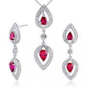 Must Have Fabulous Pear Shape Created Ruby Pendant Earrings Set in Sterling Silver