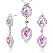 Must Have Fabulous Pear Shape Created Pink Sapphire Pendant Earrings Set in Sterling Silver