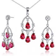 Celebrity Inspired Pear Checkerboard Shape Created Ruby Pendant Earrings Set in Sterling Silver