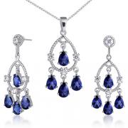 Celebrity Inspired Pear Checkerboard Shape Created Blue Sapphire Pendant Earrings Set in Sterling Silver