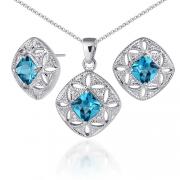 Elegant 3.75 carats Princess Checkerboard Cut London Blue Topaz Pendant Earrings Set in Sterling Silver