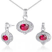 Bold & Beautiful Oval Checkerboard Shape Created Ruby Pendant Earrings Set in Sterling Silver