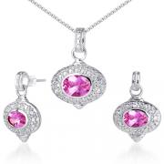 Bold & Beautiful Oval Checkerboard Shape Created Pink Sapphire Pendant Earrings Set in Sterling Silver