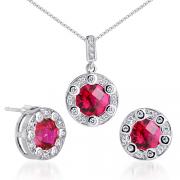 European Style Round Checkerboard Shape Created Ruby Pendant Earrings Set in Sterling Silver