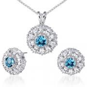 Eye Catchy 1.50 carats Round Checkerboard Shape London Blue Topaz Pendant Earrings Set in Sterling Silver