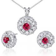 Eye Catchy Round Checkerboard Shape Created Ruby Pendant Earrings Set in Sterling Silver