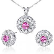 Eye Catchy Round Checkerboard Shape Created Pink Sapphire Pendant Earrings Set in Sterling Silver