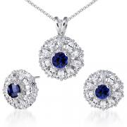 Eye Catchy Round Checkerboard Shape Created Blue Sapphire Pendant Earrings Set in Sterling Silver