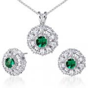 Eye Catchy 1.50 carats Round Checkerboard Shape Created Emerald Pendant Earrings Set in Sterling Silver