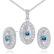 Vibrant 0.75 carat Round Shape London Blue Topaz Pendant Earrings Set in Sterling Silver