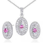 Vibrant 0.75 carat Round Shape Created Pink Sapphire Pendant Earrings Set in Sterling Silver