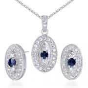 Vibrant 0.75 carat Round Shape Created Blue Sapphire Pendant Earrings Set in Sterling Silver