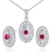 Vibrant 0.75 carat Round Shape Created Ruby Pendant Earrings Set in Sterling Silver