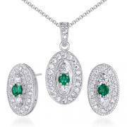 Vibrant 0.75 carat Round Shape Created Emerald Pendant Earrings Set in Sterling Silver