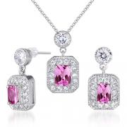 Alluring 3.50 carats Radiant Cut Created Pink Sapphire Pendant Earrings Set in Sterling Silver
