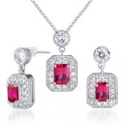 Alluring 3.50 carats Radiant Cut Created Ruby Pendant Earrings Set in Sterling Silver