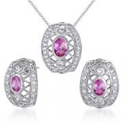 Elegant & Chic 2.00 carats Oval Shape Created Pink Sapphire Pendant Earrings Set in Sterling Silver