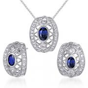 Elegant & Chic 2.00 carats Oval Shape Created Blue Sapphire Pendant Earrings Set in Sterling Silver