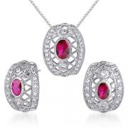 Elegant & Chic 2.00 carats Oval Shape Created Ruby Pendant Earrings Set in Sterling Silver