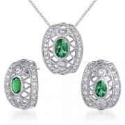 Elegant & Chic 1.75 carats Oval Shape Created Emerald Pendant Earrings Set in Sterling Silver