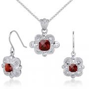 Antique Styling 4.25 carats Cushion Checkerboard Cut Garnet Pendant Earrings Set in Sterling Silver