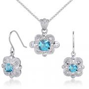Antique Styling 4.25 carats Cushion Checkerboard Cut London Blue Topaz Pendant Earrings Set in Sterling Silver