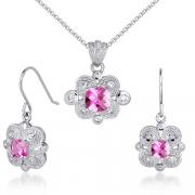 Antique Styling 4.50 carats Cushion Checkerboard Cut Created Pink Sapphire Pendant Earrings Set in Sterling Silver