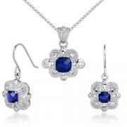 Antique Styling 4.50 carats Cushion Checkerboard Cut Created Blue Sapphire Pendant Earrings Set in Sterling Silver