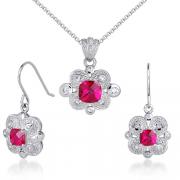 Antique Styling 4.50 carats Cushion Checkerboard Cut Created Ruby Pendant Earrings Set in Sterling Silver