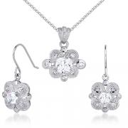 Antique Styling Cushion Cut White CZ Pendant Earrings Set in Sterling Silver